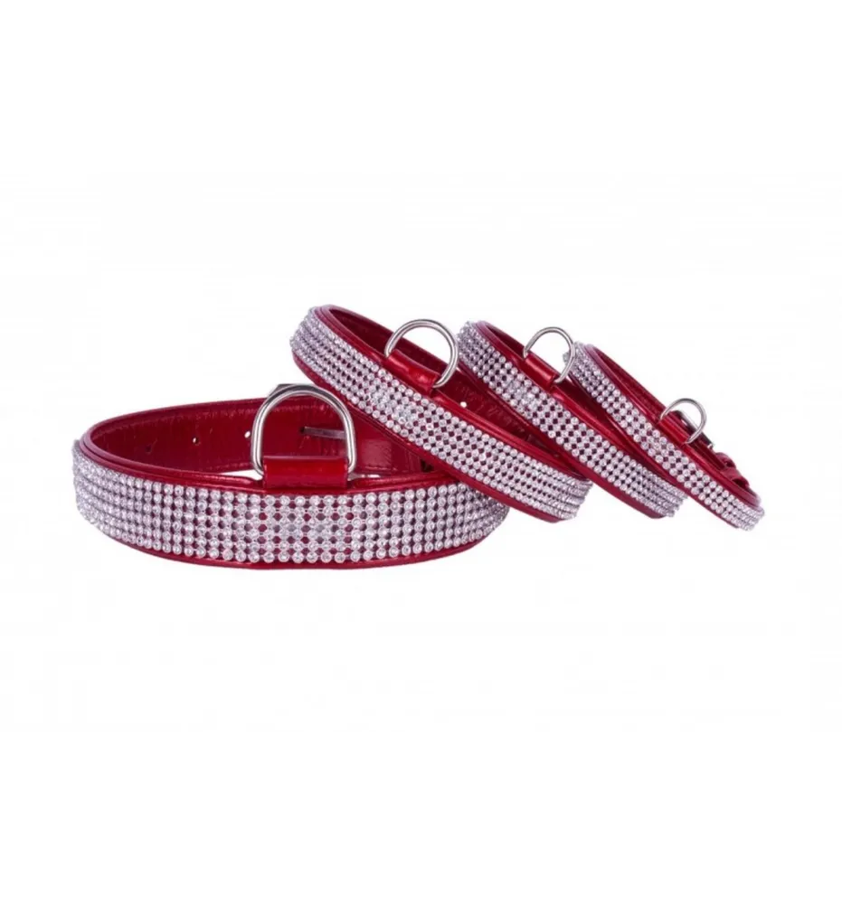COLLAR Lesklý kožený obojok s kryštálmi, 27-36cm/15mm, červená