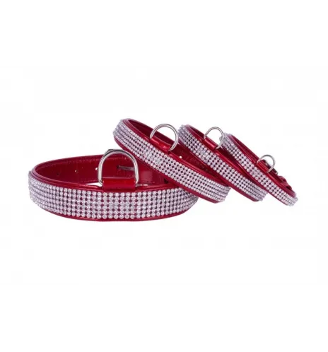 COLLAR Lesklý kožený obojok s kryštálmi, 27-36cm/15mm, červená