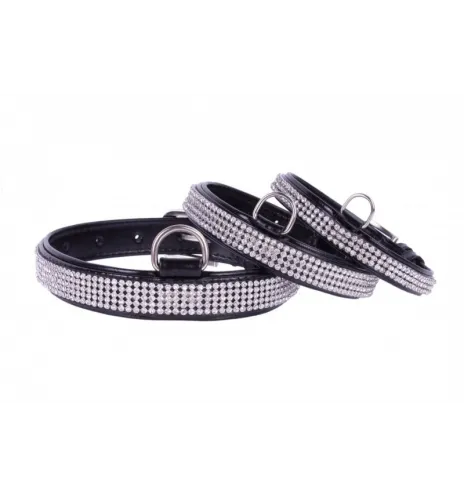 COLLAR Lesklý kožený obojok s kryštálmi, 30-39cm, čierna