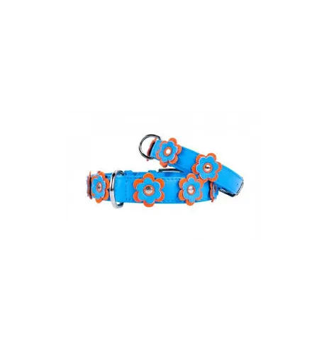 COLLAR Kožený obojok Glamour modrý s kvietkami M, 38-49 cm, modrá